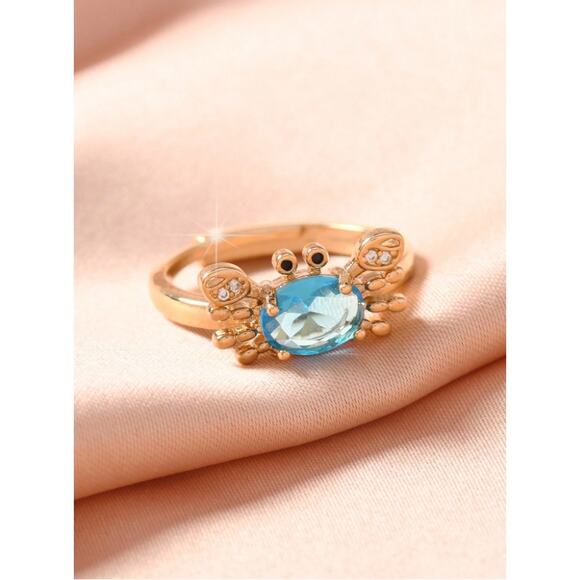 Gold Crab Ring with Blue Oval Gemstone–Adjustable Animal Design Crystal Accents - Picture 2 of 8